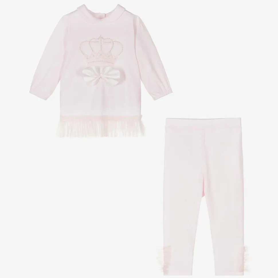Girls Pink Cotton Crown Leggings Set