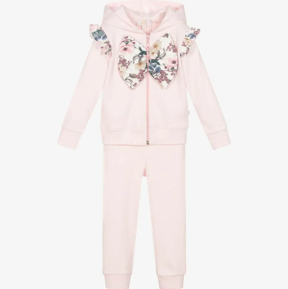 Girls Pink Cotton Floral Bow Tracksuit