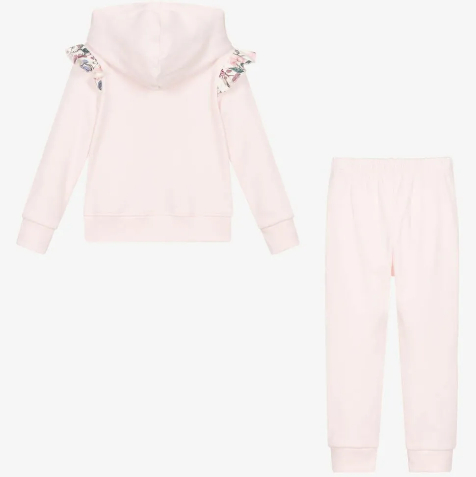 Girls Pink Cotton Floral Bow Tracksuit