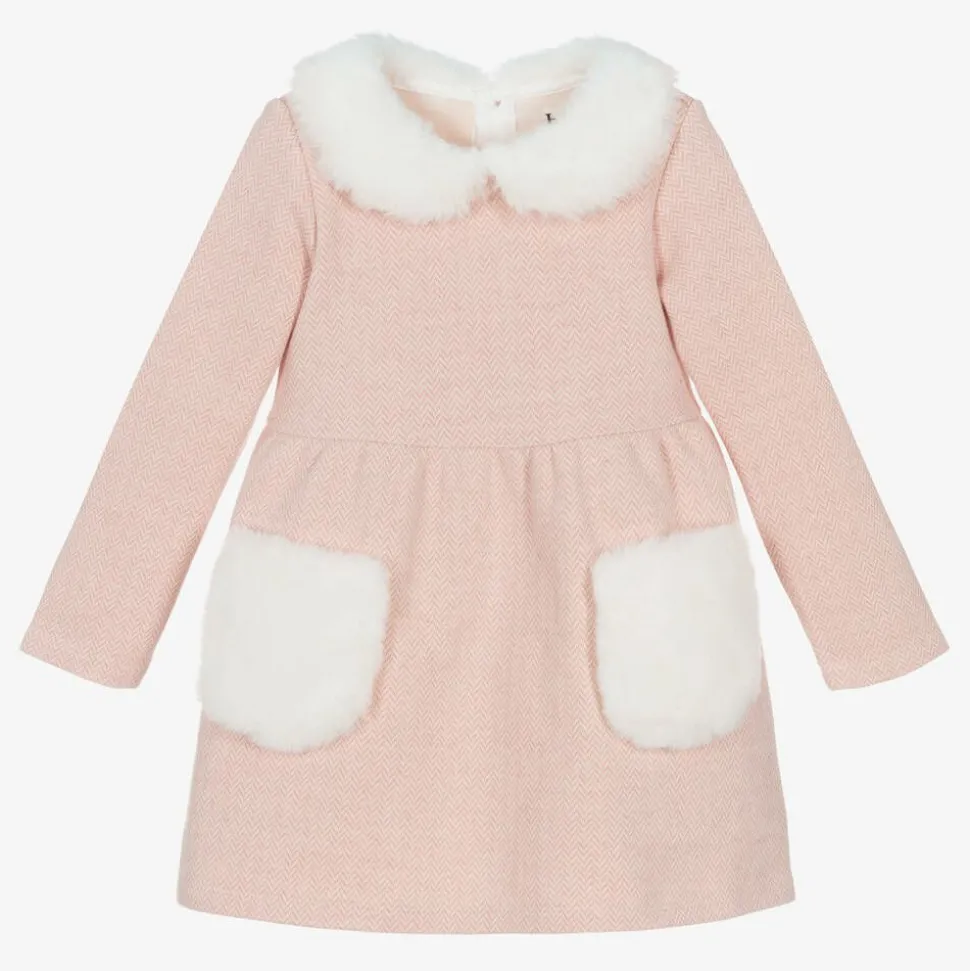 Girls Pink Cotton Herringbone Dress