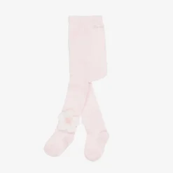Girls Pink Cotton Knit Flower Tights