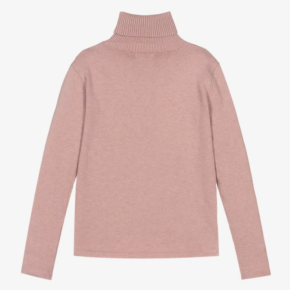 Girls Pink Cotton Knit Roll Neck Sweater