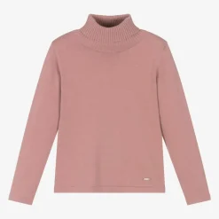 Girls Pink Cotton Knit Roll Neck Sweater
