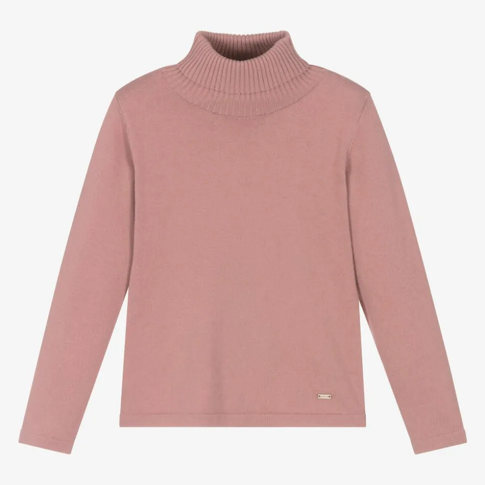 Girls Pink Cotton Knit Roll Neck Sweater
