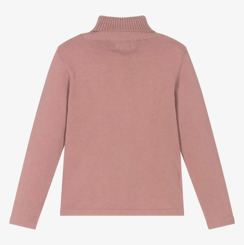 Girls Pink Cotton Knit Roll Neck Sweater