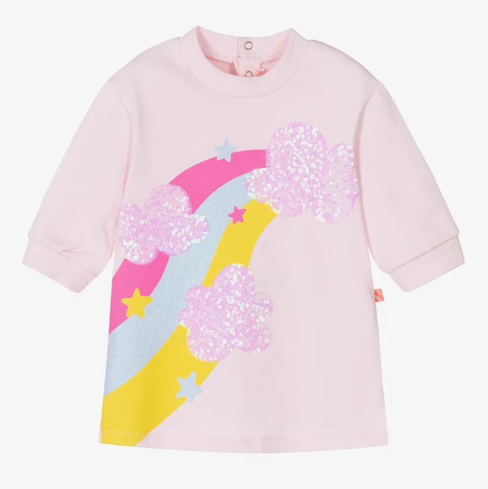 Girls Pink Cotton Sequin Rainbow Dress