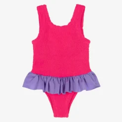Girls Pink Crinkle Frill Swimsuit