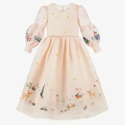 Girls Pink Festive Print Organza Dress
