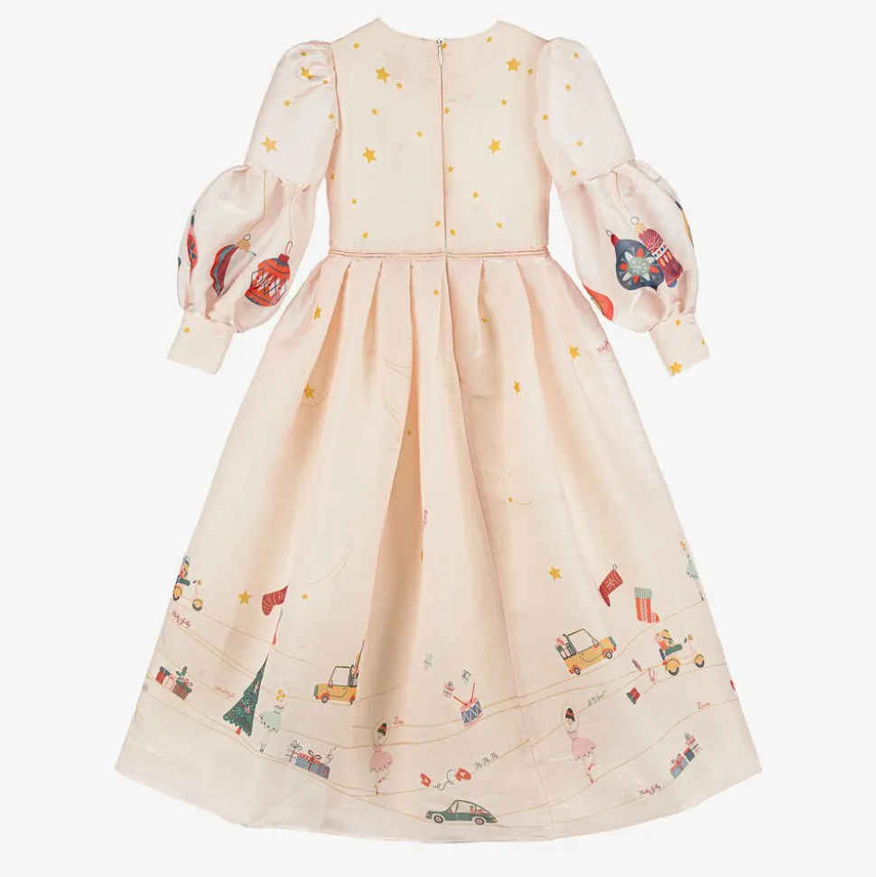 Girls Pink Festive Print Organza Dress