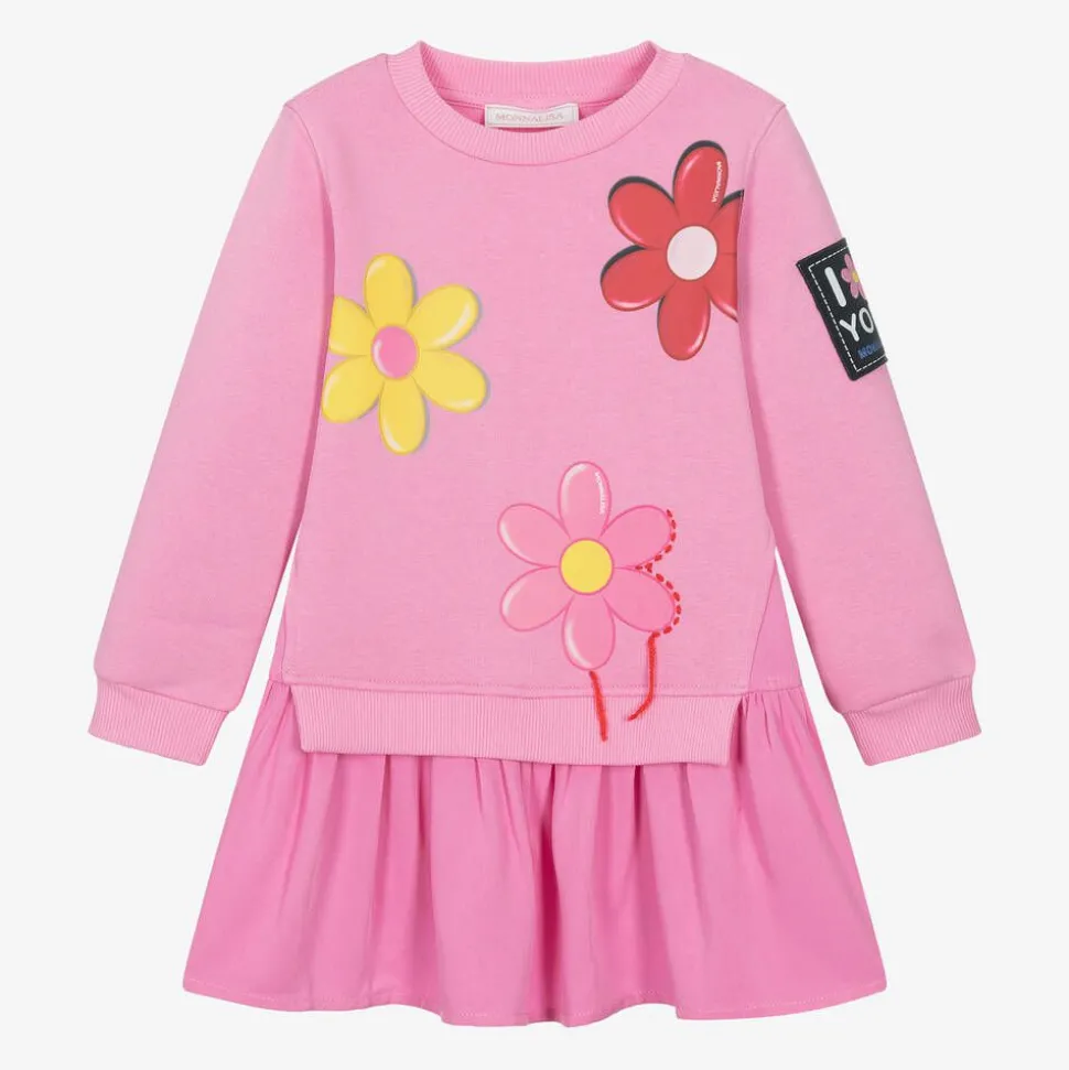 Girls Pink Flower Print Sweatshirt Dress