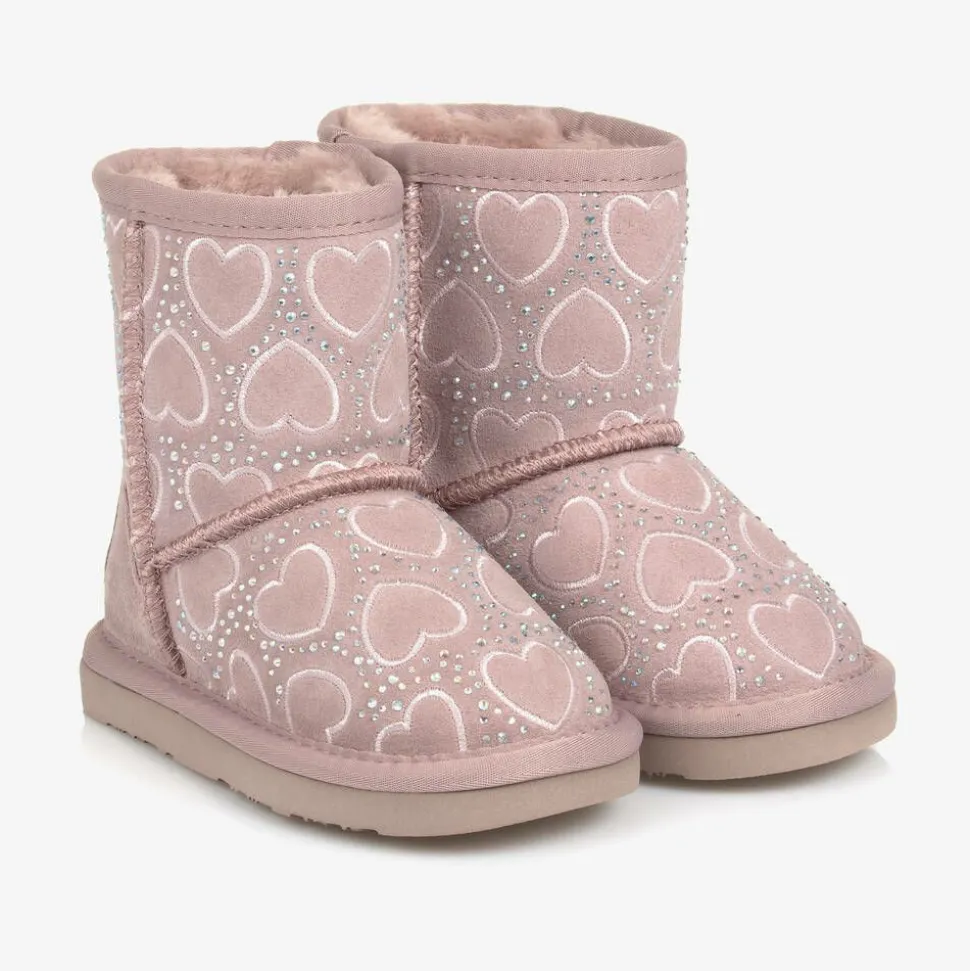 Girls Pink Heart & Diamanté Suede Boots