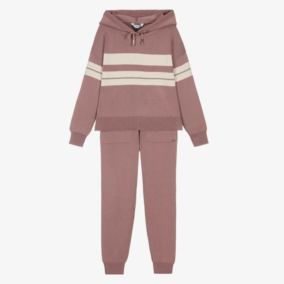 Girls Pink Knitted Stripe Tracksuit