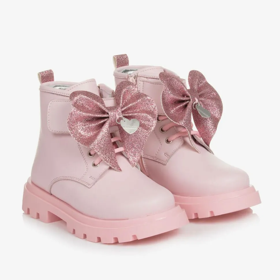 Girls Pink Leather Bow Ankle Boots
