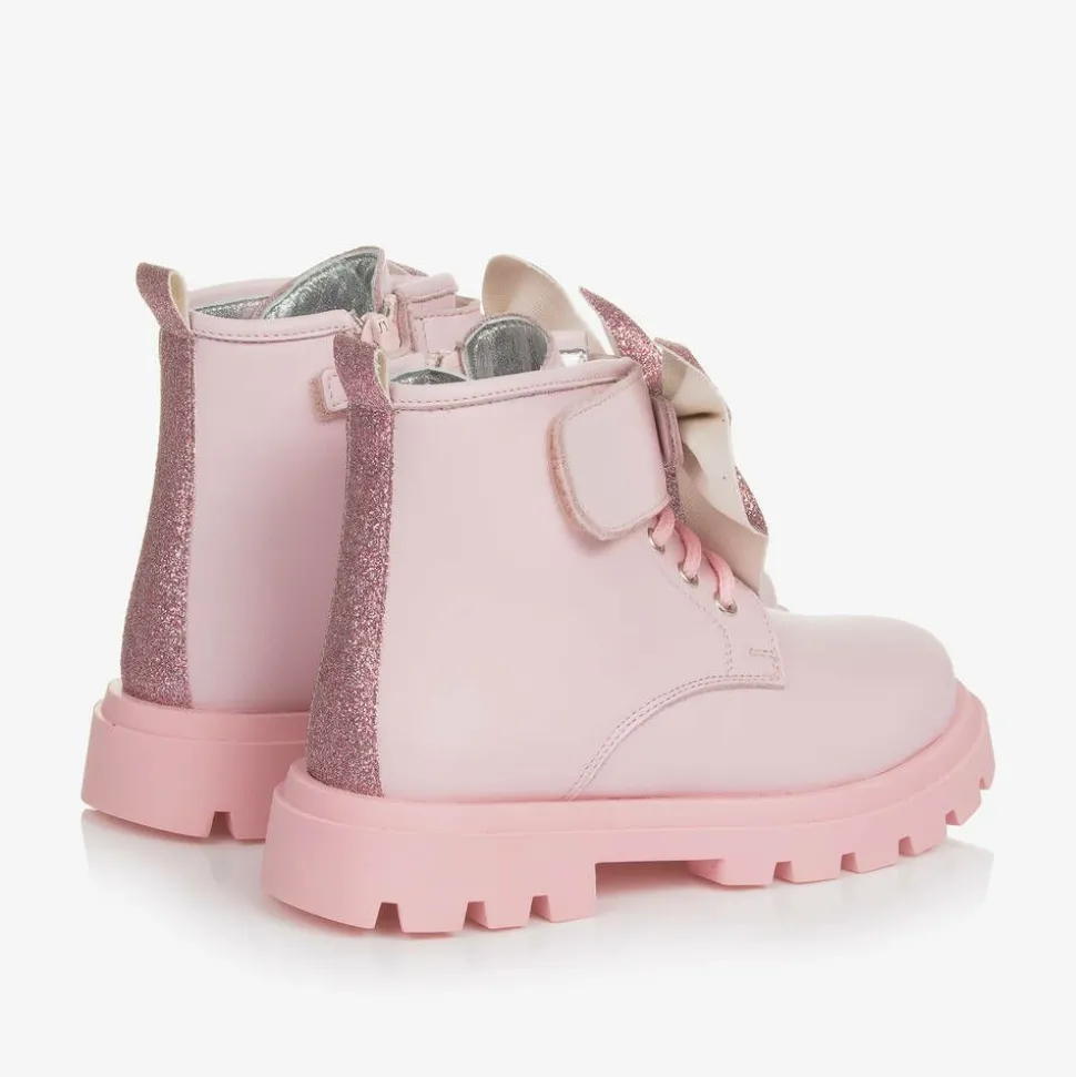 Girls Pink Leather Bow Ankle Boots