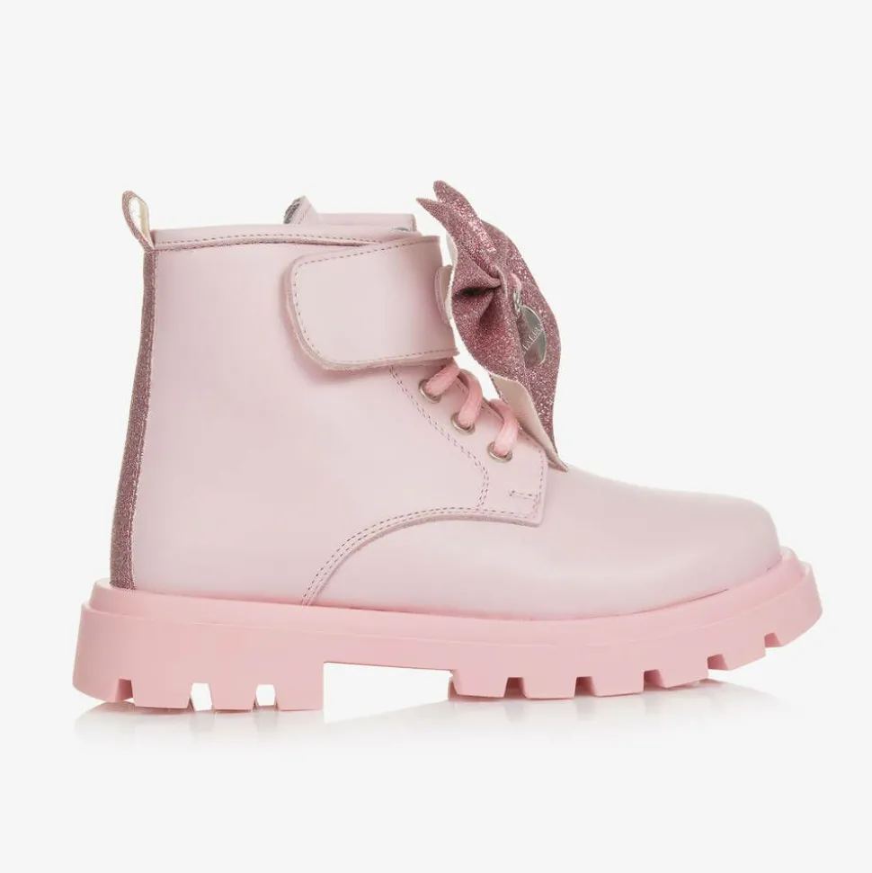 Girls Pink Leather Bow Ankle Boots