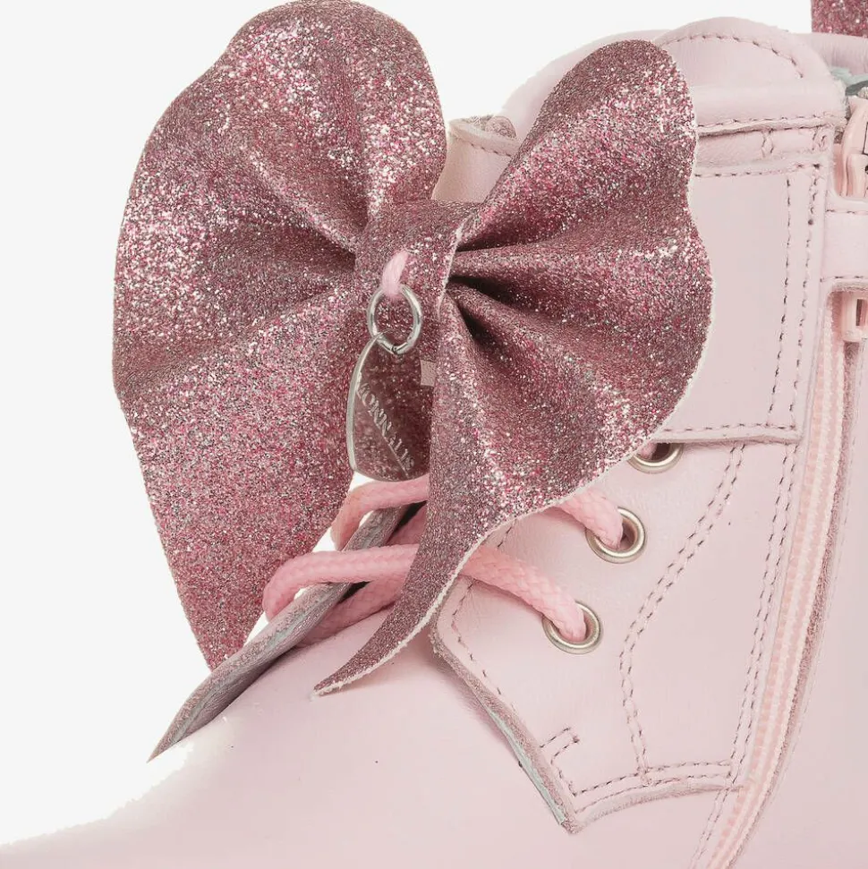 Girls Pink Leather Bow Ankle Boots