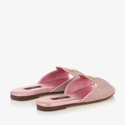 Girls Pink Leather Rhinestones Sliders