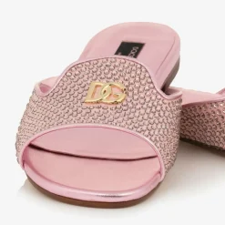 Girls Pink Leather Rhinestones Sliders
