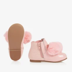 Girls Pink Patent Leather Pom-Pom Boots