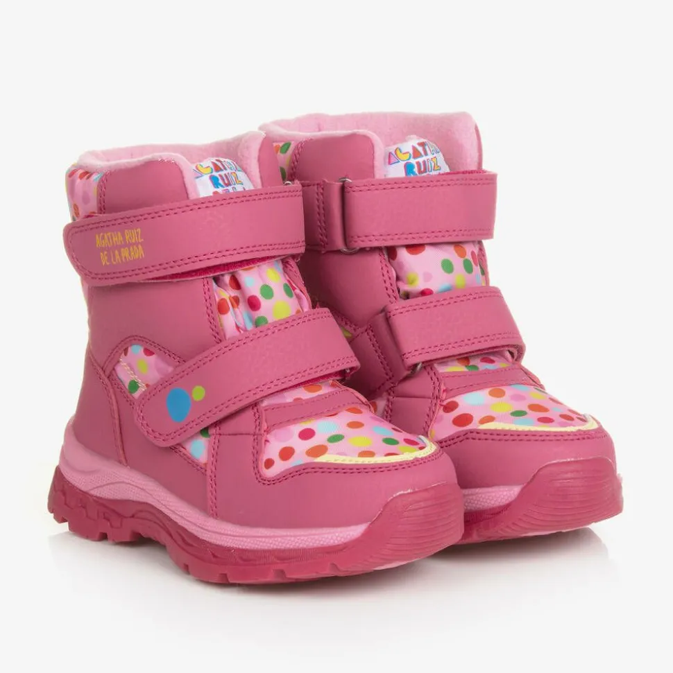 Girls Pink Polka Dot Print Snow Boots