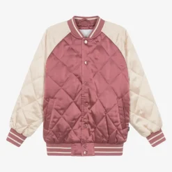 Girls Pink Quilted Satin Bomber Jacket