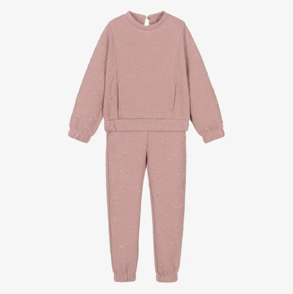 Girls Pink Ribbed Flower Tracksuit