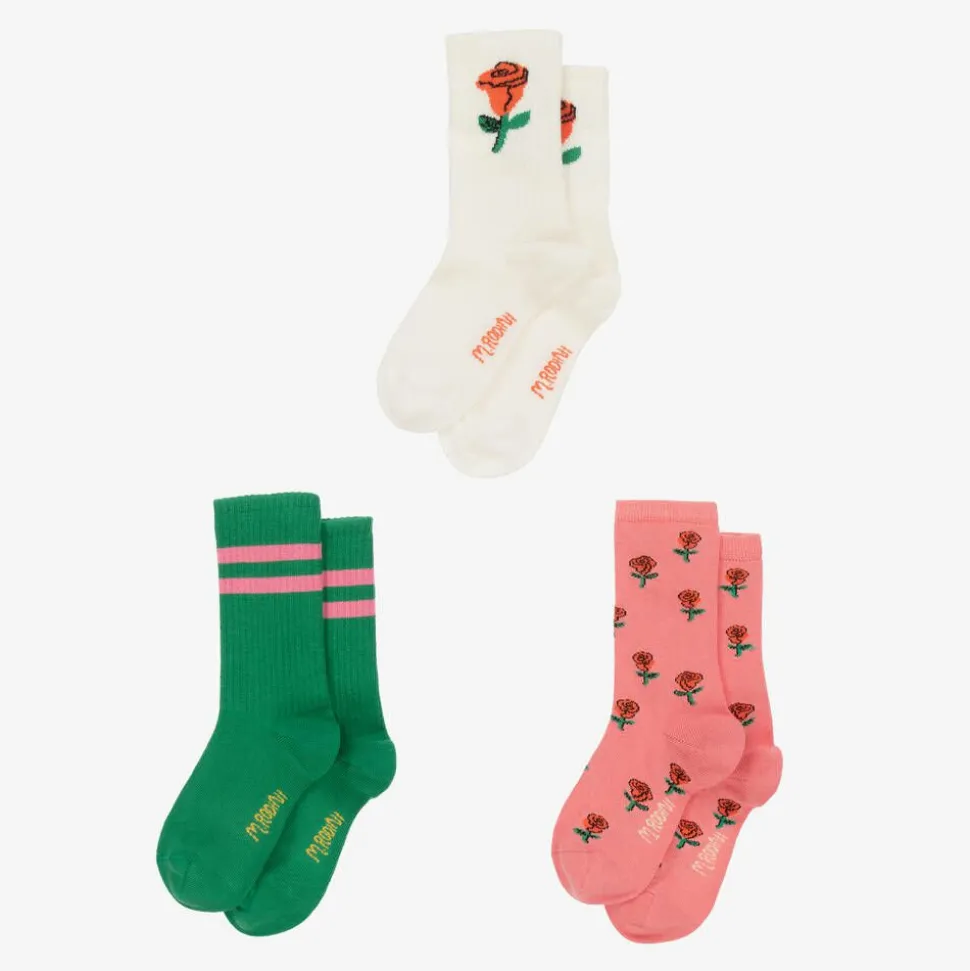 Girls Pink Roses Organic Cotton Socks (3 Pack)
