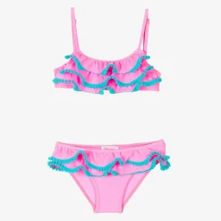 Girls Pink Ruffle & Blue Pom-Pom Bikini