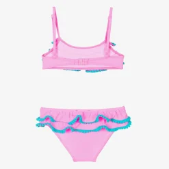 Girls Pink Ruffle & Blue Pom-Pom Bikini