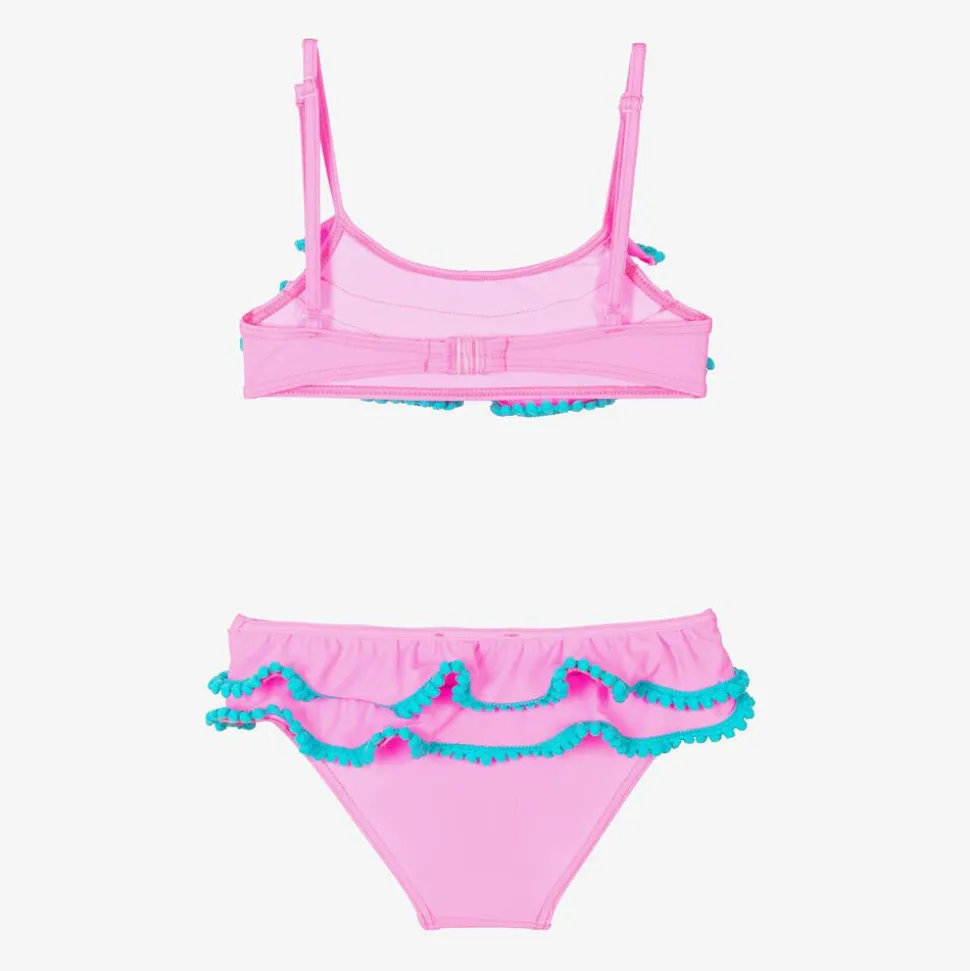 Girls Pink Ruffle & Blue Pom-Pom Bikini