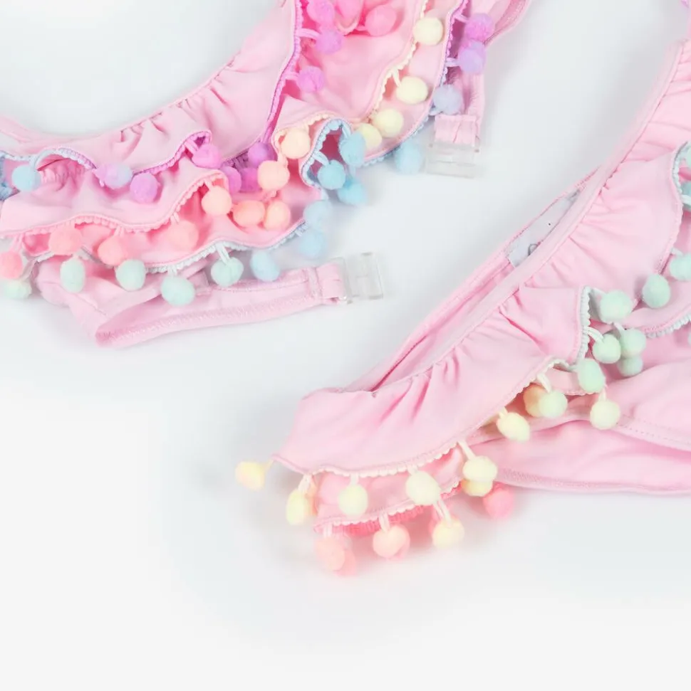Girls Pink Ruffle & Pom-Pom Bikini