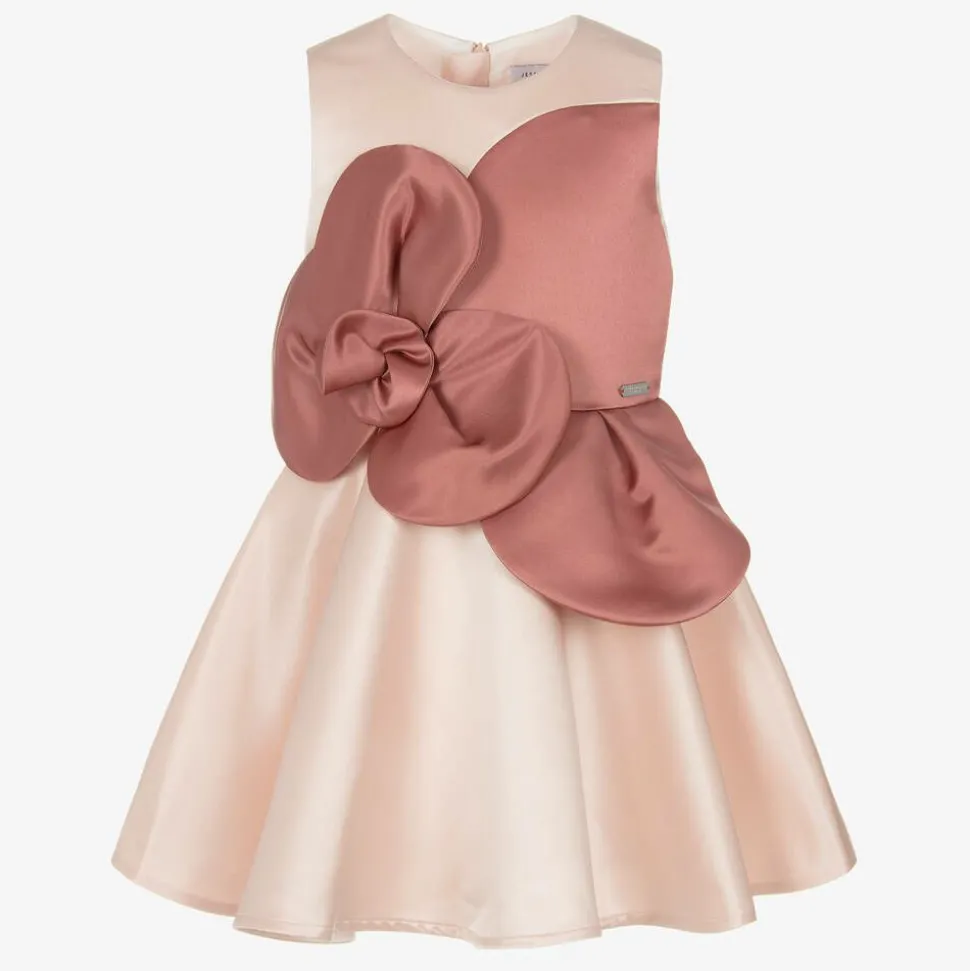 Girls Pink Satin Flower Dress