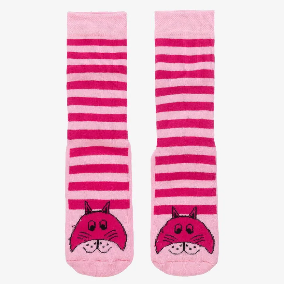 Girls Pink Striped Cat Slipper Socks