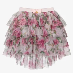 Girls Pink Tulle Rose Print Skirt
