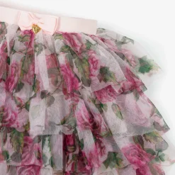 Girls Pink Tulle Rose Print Skirt