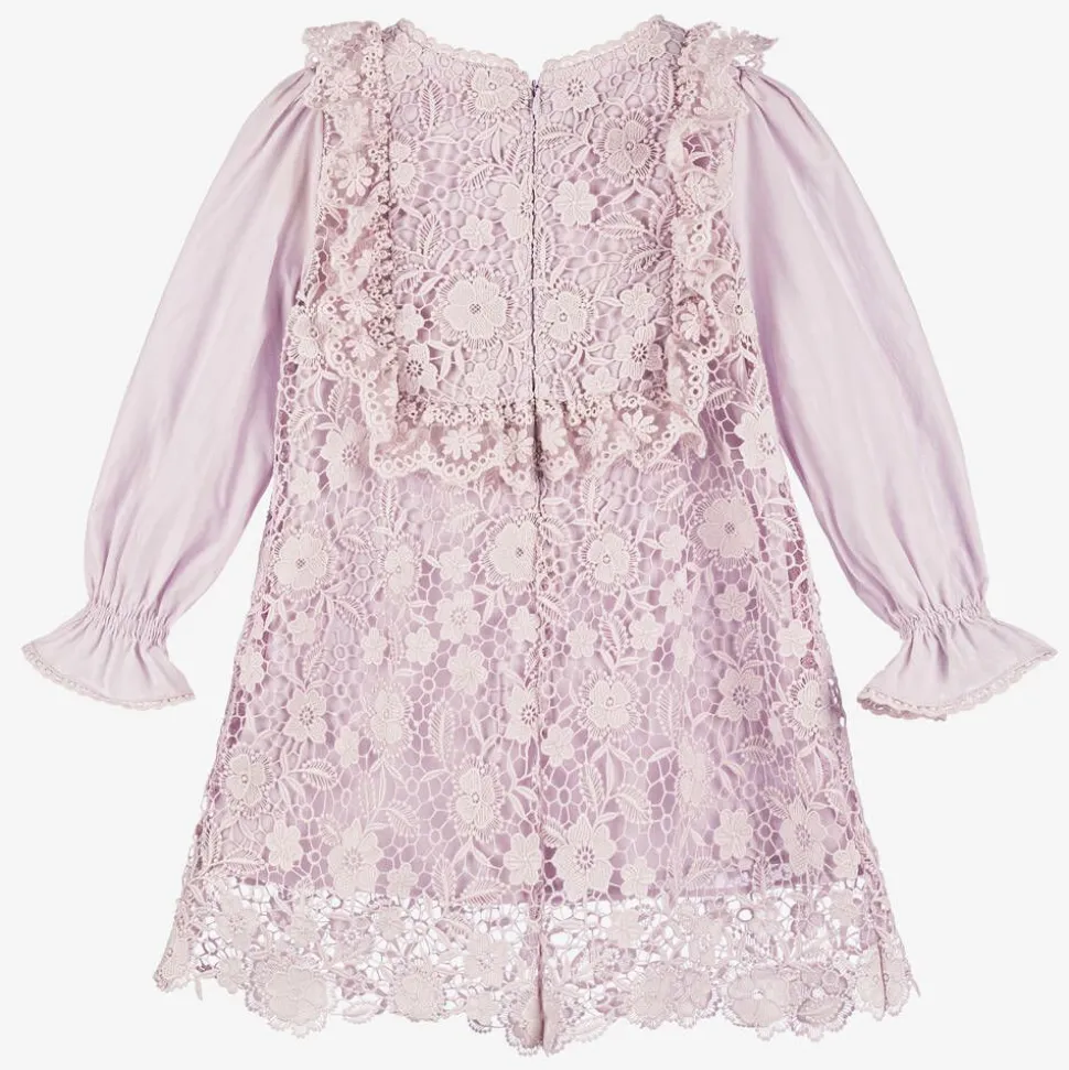 Girls Purple Guipure Floral Lace Dress