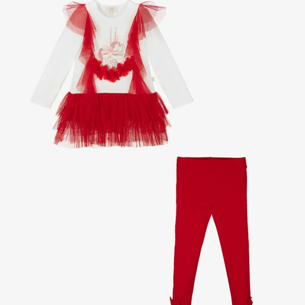 Girls Red & White Cotton Leggings Set