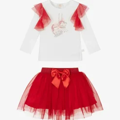 Girls Red & White Cotton Skirt Set