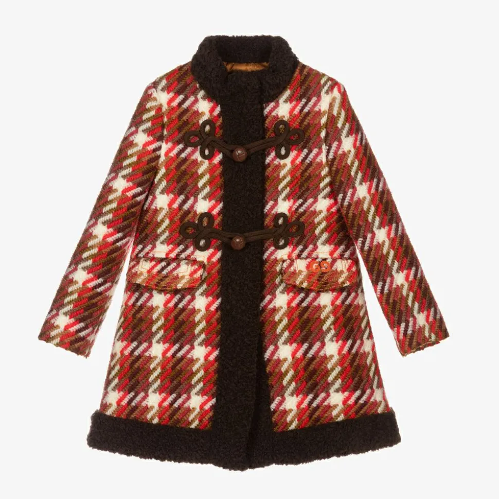 Girls Red Check Wool Coat