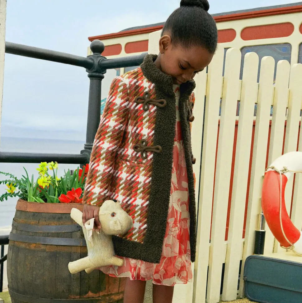 Girls Red Check Wool Coat