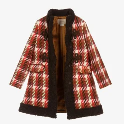 Girls Red Check Wool Coat