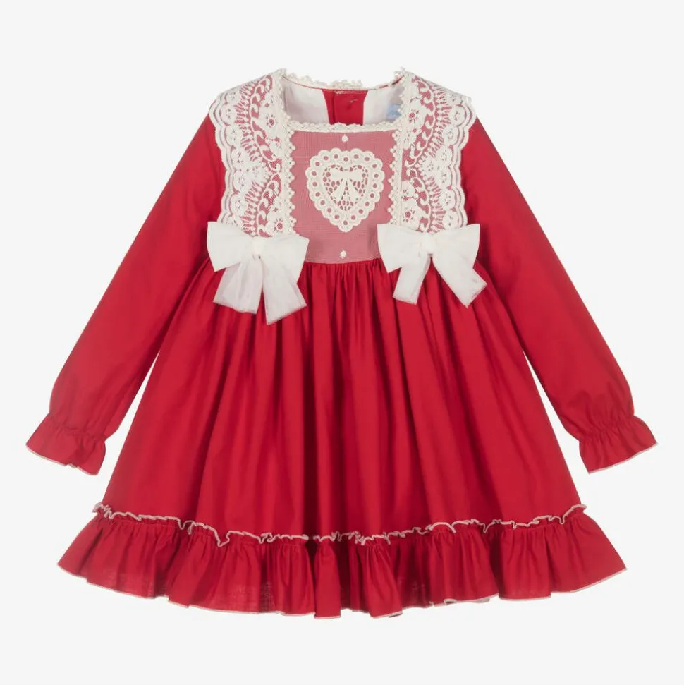Girls Red Cotton & Lace Dress