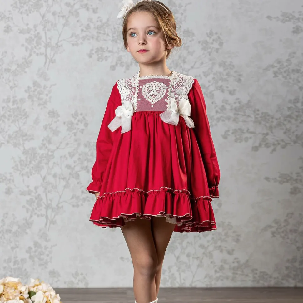 Girls Red Cotton & Lace Dress