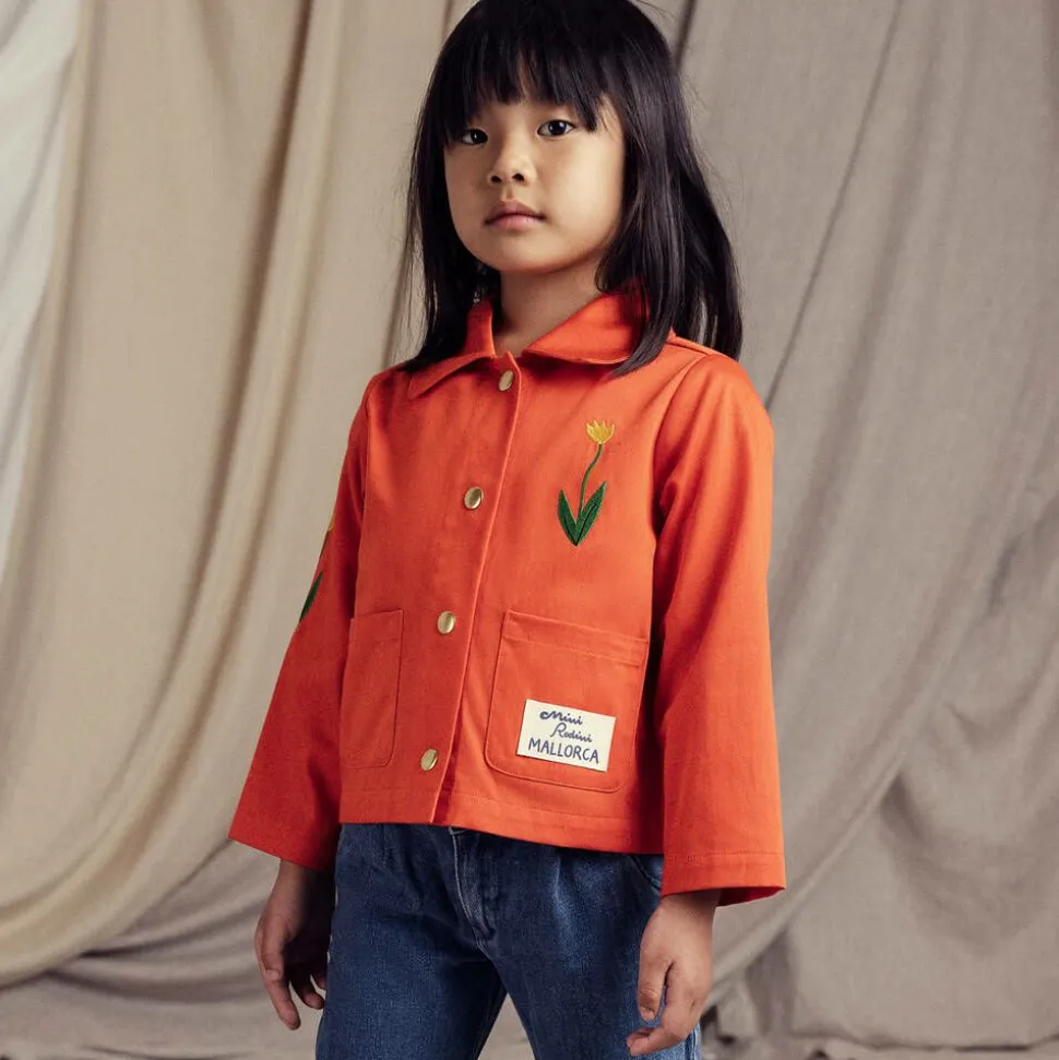 Girls Red Cotton Embroidered Flower Jacket