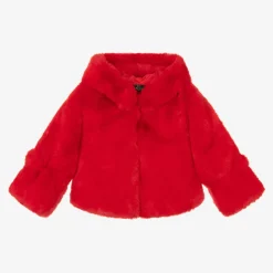 Girls Red Faux Fur Hooded Jacket