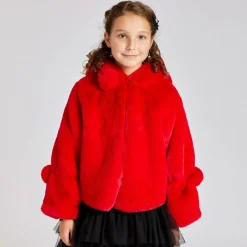 Girls Red Faux Fur Hooded Jacket