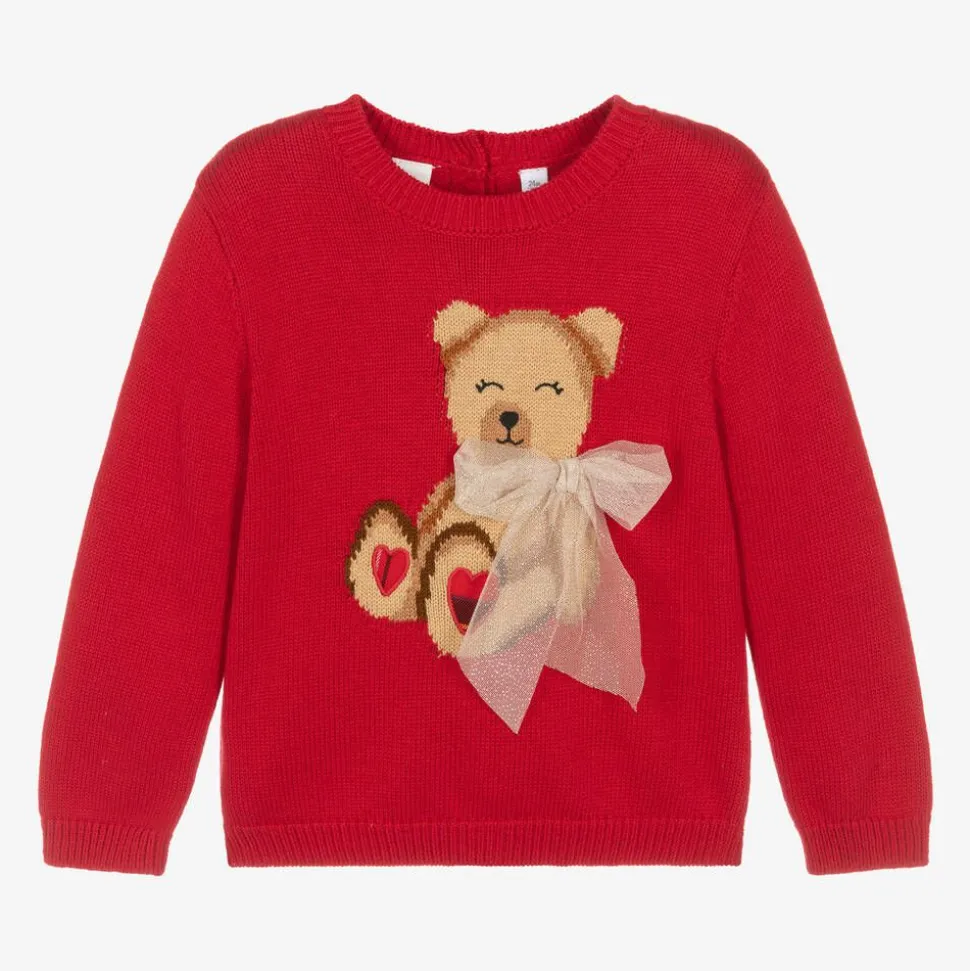 Girls Red Knit Teddy Bear Jumper