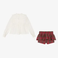 Girls Red Tartan Cotton Shorts Set