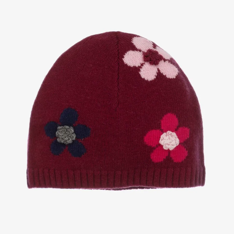 Girls Red Wool Flower Beanie Hat