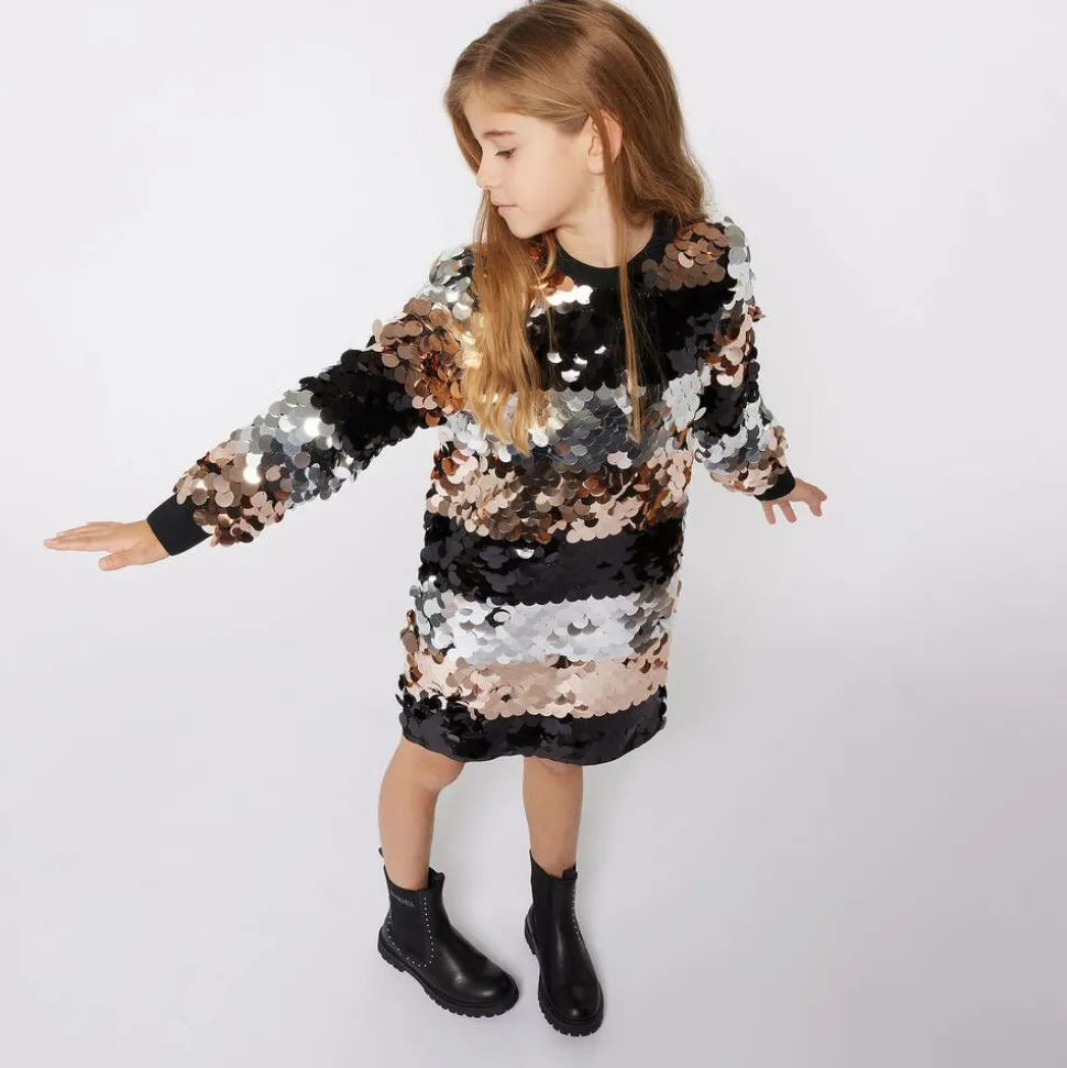 Girls Silver & Black Striped Sequin Dress